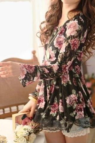 Lace Top, Roses Top, Chiffon Top, Lace Rose Top, Roses Print Top, Rose Prints, Blouse, Tunic, Lace, Rose Pattern Print T-Shirt Lace Floral Tops Long Sleeve Cotton Blouse, Girls Top, Lace Fabric Top, Black Lace Top