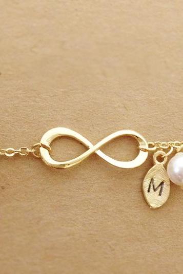 Infinity Bracelet, Personalized initial gold leaf charm bracelet, best friend bracelet, coin, initial jewelry, Swarovski Pearl
