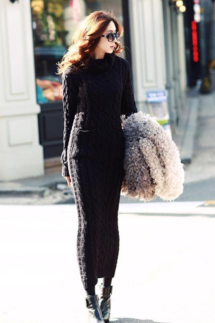 Turtleneck Long Sleeve Sweater Dress for Women - Black