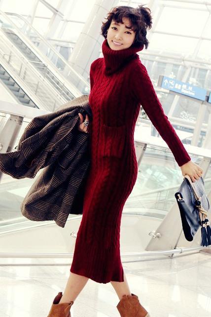 Turtleneck Long Sleeve Sweater Dress for Women - Red
