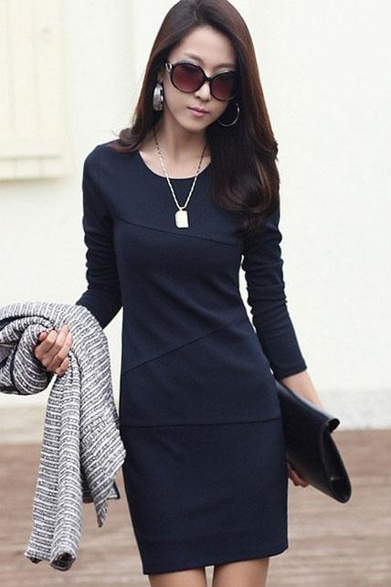 Laconic Long Sleeve Dress for Lady - Navy Blue