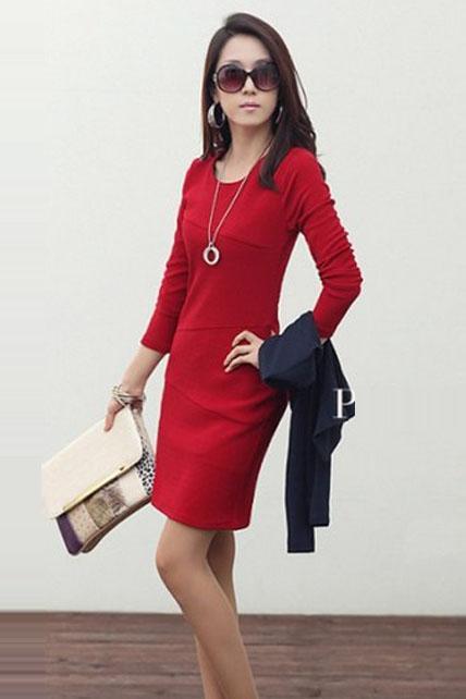 Laconic Long Sleeve Dress for Lady - Red