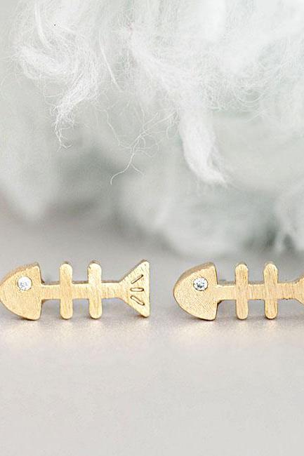 Tiny Gold Fish Bone Stud Earrings, Whimsical Ear Posts