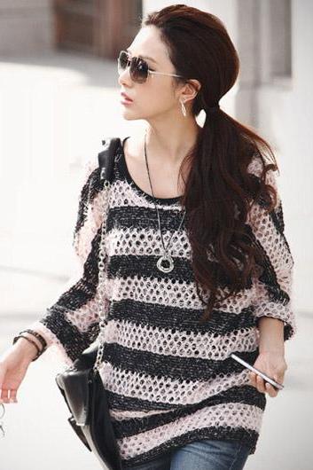 Vogue Square Collar Three Quarter Sleeve Long Knitting Wool Pullover Sweater - Black