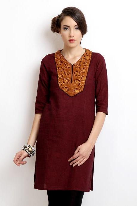 Alma Women Maroon Embroidered Kurta (Perfect Gift For Women) Super Fast Delivery : Your Daughter, GF and Wife will have big Smile and Happiness