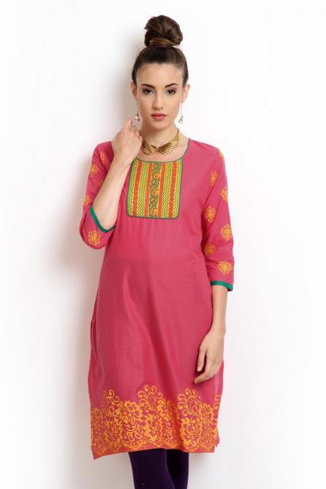Karigari Women Pink Printed Kurta (perfect Gift For Women) Super Fast Delivery : Your Daughter, Gf And Wife Will Have Big Smile And Happiness