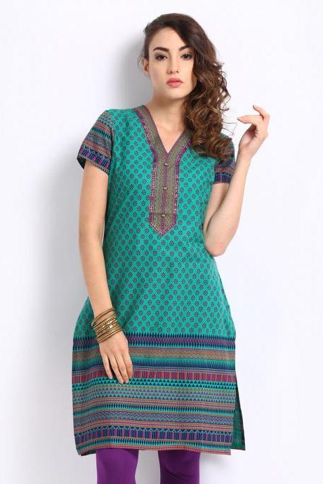 Aurelia Women Green Printed Kurta (Perfect Gift For Women) Super Fast Delivery : Your Daughter, GF and Wife will have big Smile and Happiness