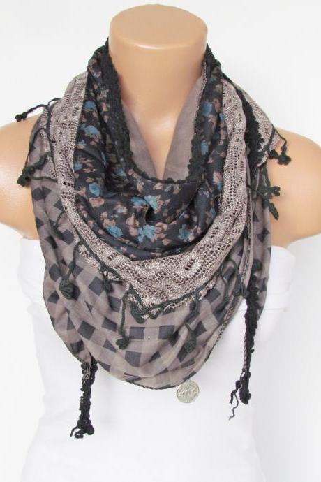 Triangle Scarf with fringe and lace-Winter Shawl Scarf-Winter Fashion-Lace Scarf-Necklace-Pashmina Scarf-Black Blue Beige
