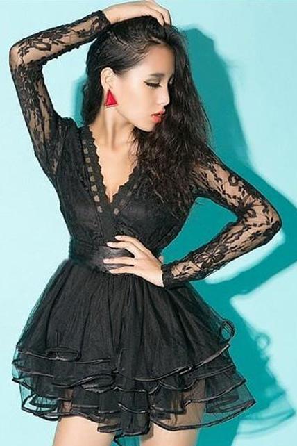 Sexy Woman Lace A Line Wrap Dress - Black