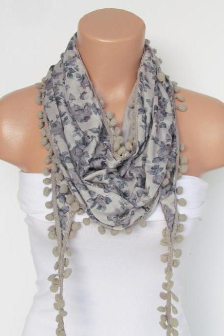 Gray Floral Pompon Scarf -winter Fashion Scarf-shawl Scarf-headband-necklace- Infinity Scarf- Winter Accessory-long Scarf