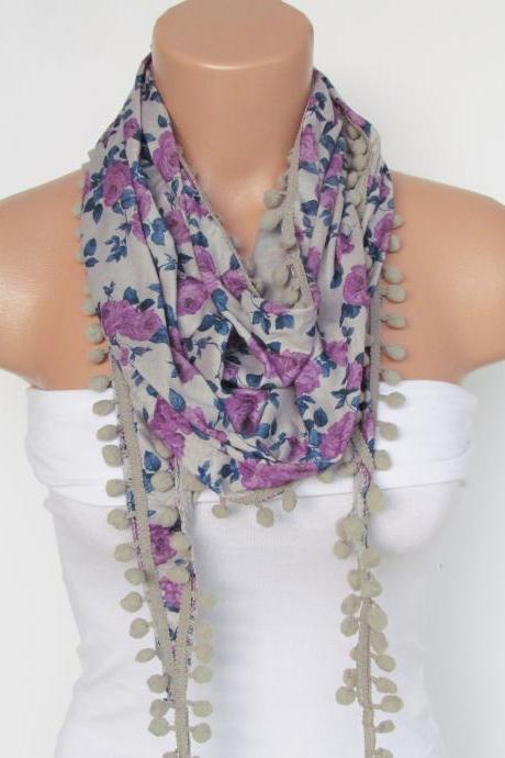 Lilac Floral Pompon Scarf -winter Fashion Scarf-shawl Scarf-headband-necklace- Infinity Scarf- Winter Accessory-long Scarf