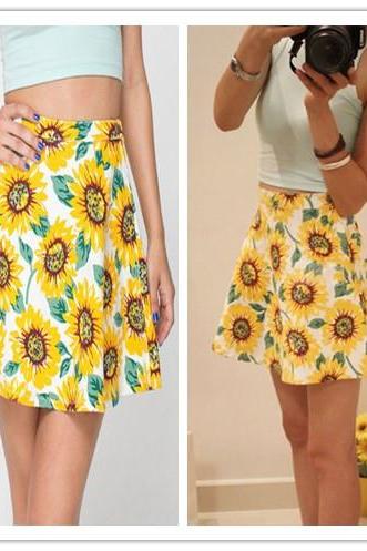 Yellow A Line Skater Sunflower Print Skirt