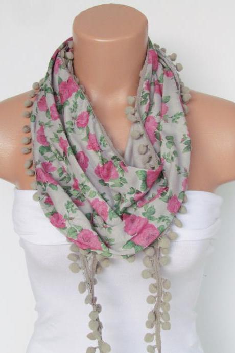 Pink Floral Pompon Scarf -Winter Fashion Scarf-Shawl Scarf-Headband-Necklace- Infinity Scarf- Winter Accessory-Long Scarf