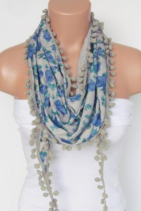 Blue Floral Pompon Scarf -Winter Fashion Scarf-Shawl Scarf-Headband-Necklace- Infinity Scarf- Winter Accessory-Long Scarf