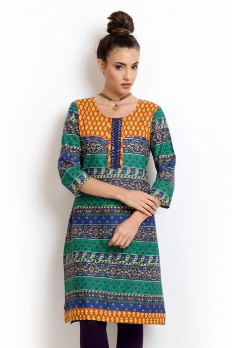 Women Green &amp;amp; Blue Printed Kurta (perfect Gift For Women) Super Fast Delivery : Your Daughter, Gf And Wife Will Have Big Smile And