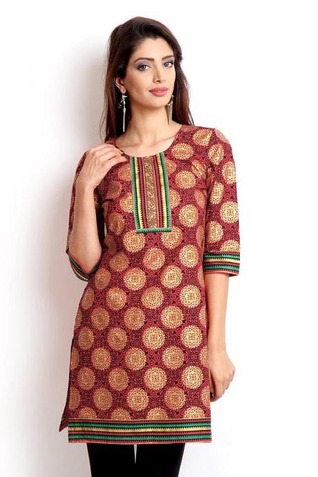 Women Red &amp;amp; Black Printed Kurta (perfect Gift For Women) Super Fast Delivery : Your Daughter, Gf And Wife Will Have Big Smile And