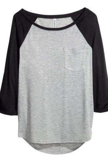 * Ship* Loose Grey Contrast Color T-shirt With Pocket