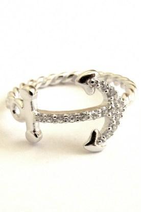 Sideways Anchor Ring-sterling Silver W/ Rope Band And Cz-sizes 5 To 9