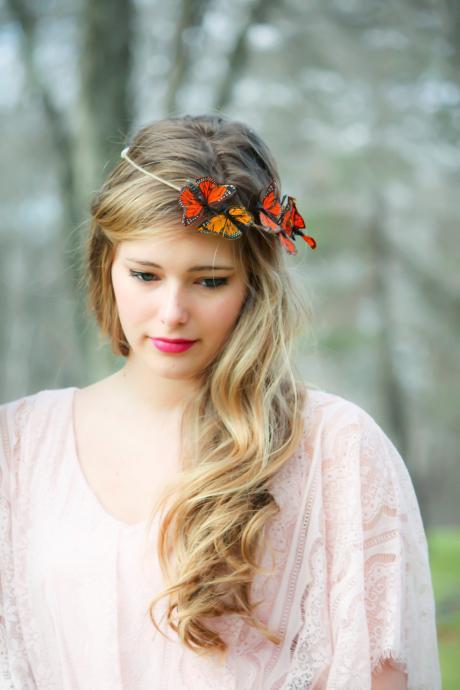 Gold And Red Monarch Butterfly Hair Crown, Butterfly Hair Crown