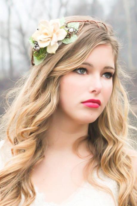 woodland pine cone rose floral hair crown 'A Love Like Ours'