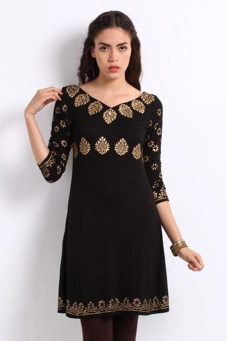 Women Black &amp;amp; Gold Printed Kurta (perfect Gift For Women) Super Fast Delivery : Your Daughter, Gf And Wife Will Have Big Smile And