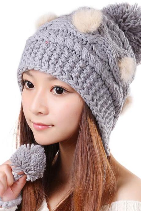 Free Shipping Cute Various Little Ball Knitted Bomber Hat For Girls - Grey