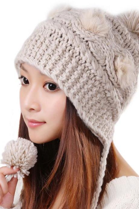 Free Shipping Cute Various Little Ball Knitted Bomber Hat For Girls - Beige