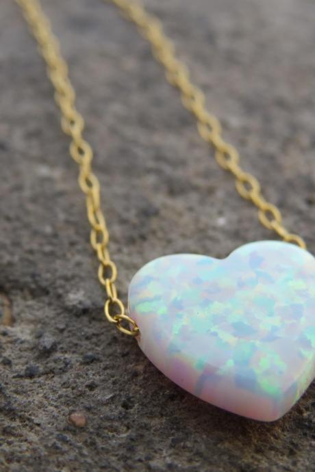 Heart necklace, Gold opal necklace, Heart jewelry, Bridesmaid necklace, Birthday gold necklace, Opal jewelry, Mothers necklace, Gift for her
