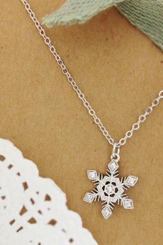 Crystal Snowflake Necklace in White Gold, Christmas Gift, For winter