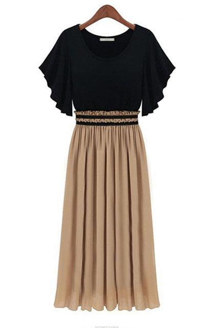 Black and Apricot Color Blocking Pleated Maxi Dress