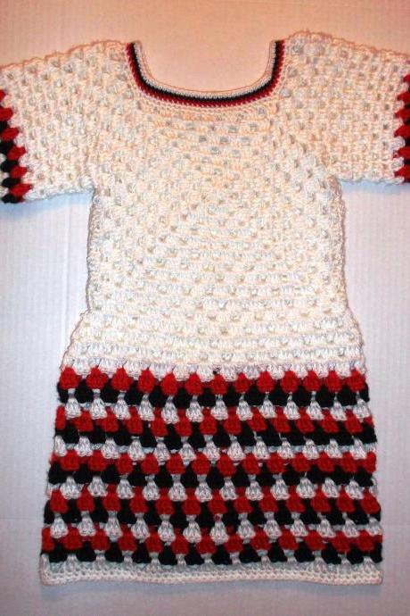 White Red &amp;amp; Black Crochet Girls Dress &amp;amp; Hat