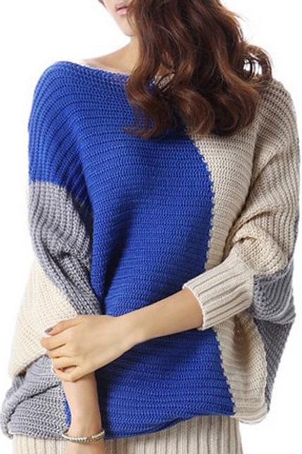 Casual Color Split Batwing Sleeve Long Pullovers Sweater