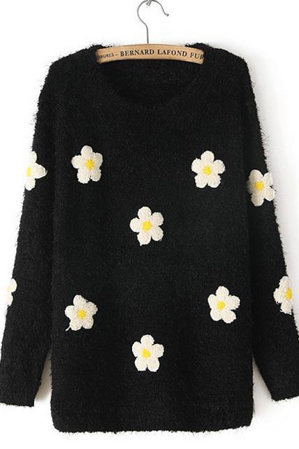 Tiny Flowers Print Long Sleeve Pullovers Sweater - Black