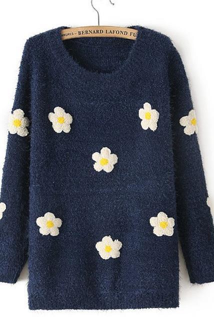 Tiny Flowers Print Long Sleeve Pullovers Sweater - Navy Blue