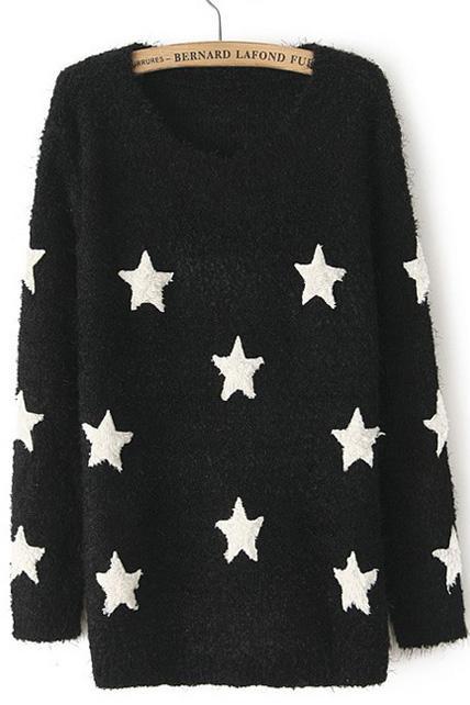 Fashionable Round Neck Pullover Sweaters With Star Print - Beige