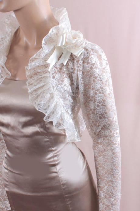 Bridal Lace fluffy Cream White/ ruffles/,long sleeves / shrug wedding bolero