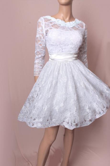 Wedding short lace dress/ 3/4 Sleeves Bridal Gown