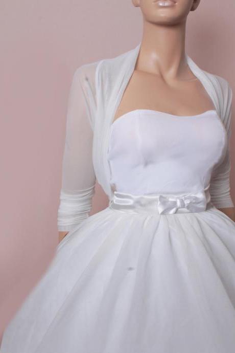 Bridal White tulle bolero /jacket / 3/4 sleeves wedding gown
