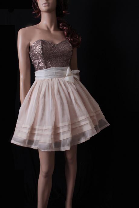 Sweetheart Prom/ Party/ Cocktail/ sequins strapless / Chiffon skirt mini dress