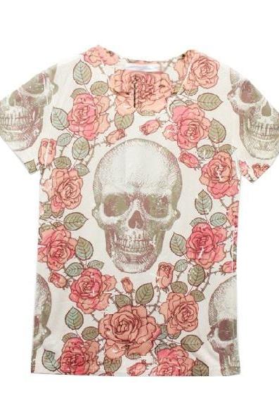 *free ship*Skull and Rose Print T-shirt