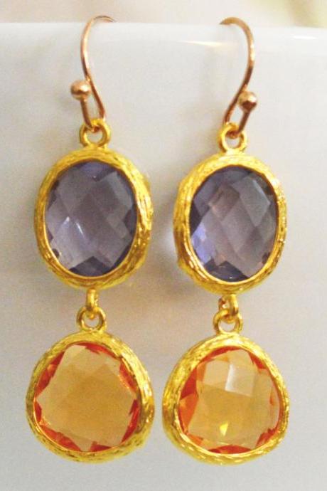 ) B-032 Glass Earrings, Tanzanite &amp;amp; Topaz Drop Earrings, Dangle Earrings, Gold Plated Earrings/bridesmaid Gifts/everyday Jewelry/