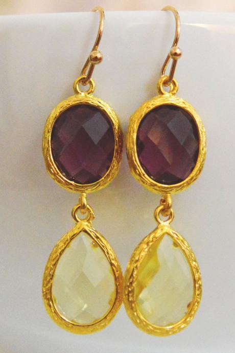 SALE) B-028 Glass earrings, Amethyst&lemon yellow drop earrings, Dangle earrings, Gold plated earrings/Bridesmaid gifts/Everyday jewelry/