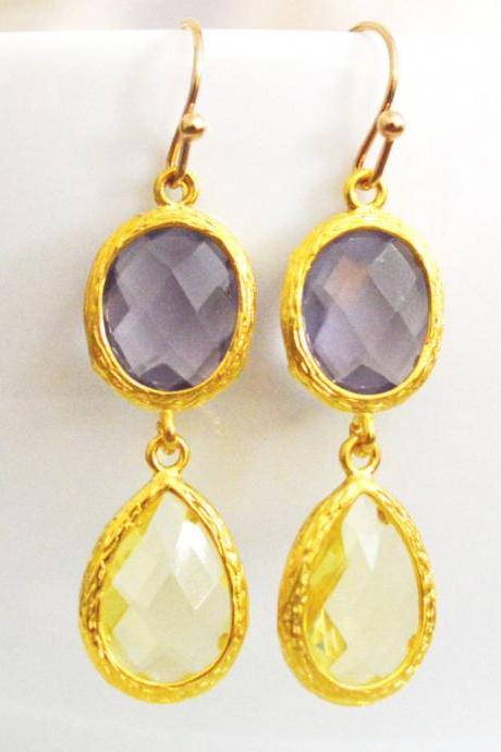 ) B-025 Glass Earrings, Amethyst &amp;amp; Aquamarine Drop Earrings, Dangle Earrings, Gold Plated Earrings/bridesmaid Gifts/everyday Jewelry/