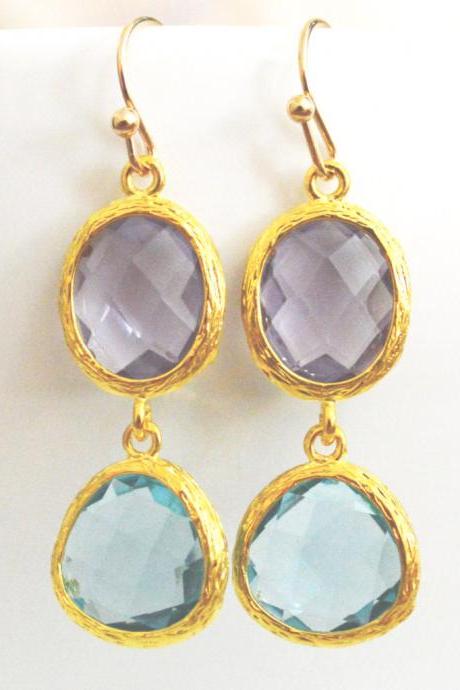 ) B-024 Glass Earrings, Amethyst &amp;amp; Lemon Yellow Drop Earrings, Cz Dangle Earrings, Gold Plated/bridesmaid Gifts/everyday Jewelry/