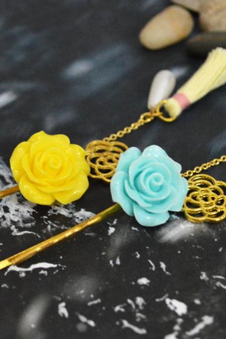SALE) D-001 Cabochon extension with flower pendant, pearl & tassel hairpin, Gold plated hairpin/Everyday accessory/