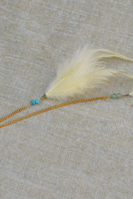 ) D-005 Yellow Feather With Turquoise Extension, Yellow Cabochon Hairpin, Lovely Hairpin, Gold Plated Hairpin/everyday Accessory/