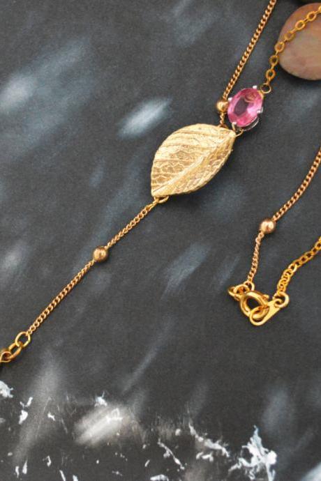 A-020 Asymmetrical Leaf With Zircon, Bezel Set Crystal Drop With Ruby Necklace, Gold Plated Ball And Flat-o Chain/bridesmaid Gifts/