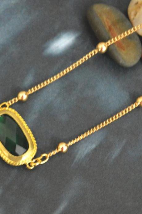 A-023 Emerald connector Necklace, Bezel set emerald connector necklace, Gold plated ball chain/Bridesmaid gifts/Everyday jewelry/