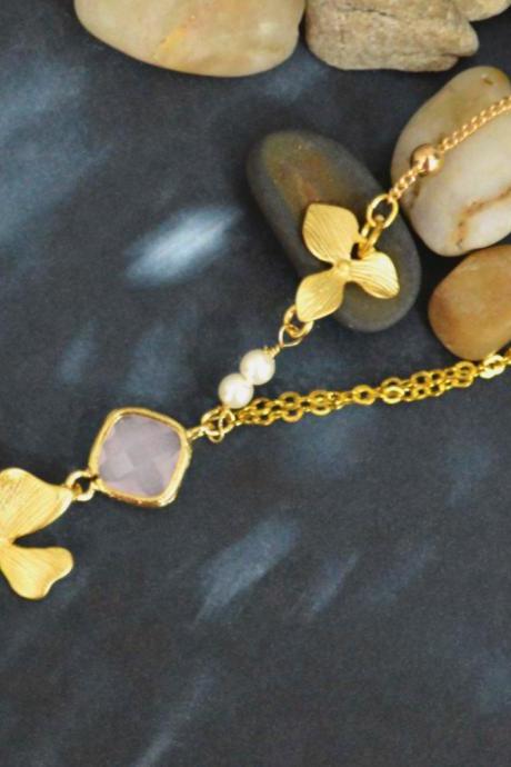 A-016 Orchid pendant, Pink opal connector with pearl necklace, Gold plated ball and flat-o chain/Bridesmaid gifts/Everyday jewelry/