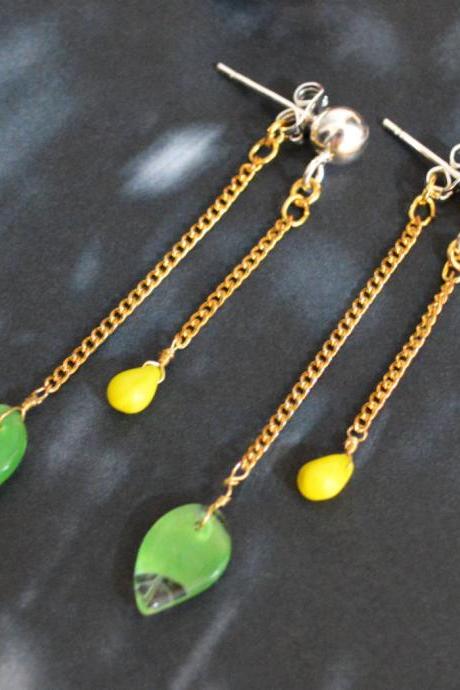 SALE) B-001 Vintage glass earrings, Green leaf & yellow drop, Silver ball stud earrings, Dangle earrings/Special gifts/Everyday jewelry/